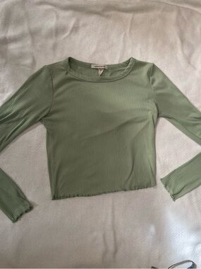 Caution To The Wind Ribbed Long-Sleeve Crop Top - Sage Green
